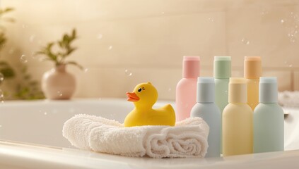 Baby care essentials with shower gels, towels, and a yellow rubber duck, emphasizing hygiene and comfort