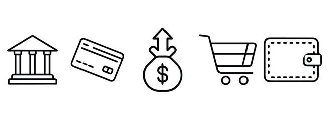 Simple line icons for banking and ecommerce on transparent background