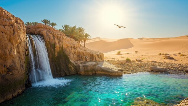 Waterfall at Chebika oasis amidst Sahara Desert landscape, highlighting water retention in desert environments