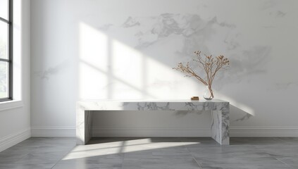 Bathroom with marble surface and empty counter cleanliness and organization, suitable for layout design