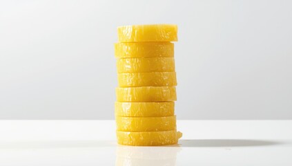 Chopped pineapple slices arranged vertically on a white background, highlighting fruit preparation, World Food Day