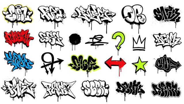 Collection of diverse graffiti tags words and symbols with dripping paint effect.
