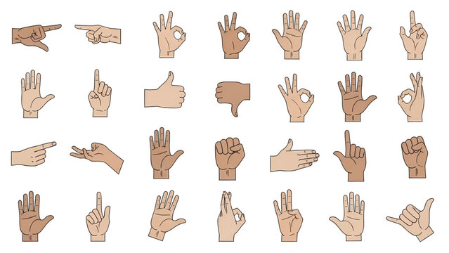Diverse Human Hand Gestures Collection in Line Art Style with Various Skin Tones.