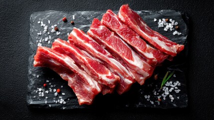 High-quality image of fresh raw pork ribs arranged on a dark slate surface, seasoned with coarse sea salt and peppercorns. Ideal for food blogs, culinary magazines, or recipe collections.