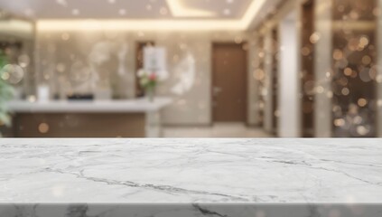 Marble tabletop within a healthcare environment, designed as a backdrop for signage or informational displays