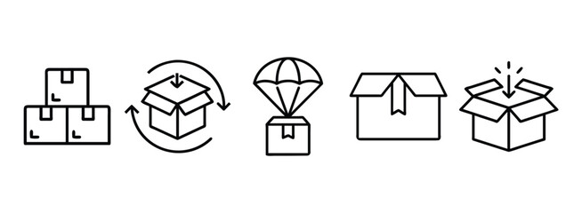 Set of simple line icons showing packaging and shipping process on transparent background