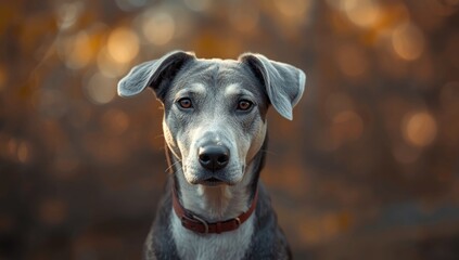 Close-up of an elderly dog wearing a collar, showing vulnerability in a soft-focused background, pet care