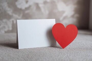A red heart next to a blank card on a soft beige surface, perfect for Valentines Day sentiments.