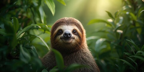 Close-up of a two-toed sloth resting on a tree branch, natural habitat and slow movement, Earth Day