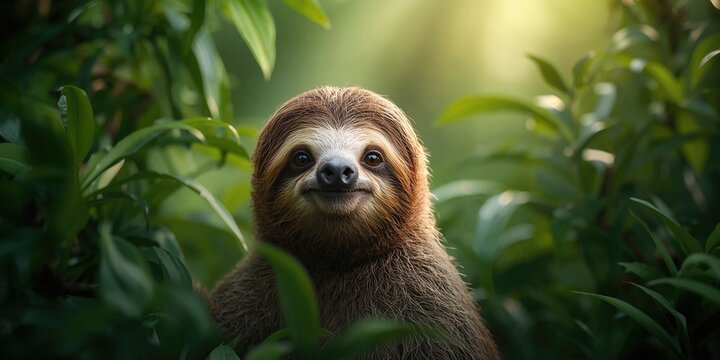 Close-up of a two-toed sloth resting on a tree branch, natural habitat and slow movement, Earth Day