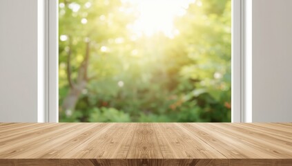 Empty hardwood tabletop with soft green garden blur serving as a backdrop for layout or text
