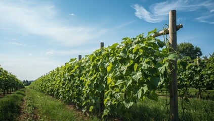 Cucumber vines climbing support structures in a garden setting, focusing on plant growth and fruit production