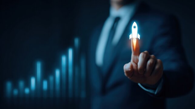 Corporate leader pointing rocket growth chart digital concept showing upward startup success and business innovation with confident gesture and dynamic blue glow - Powered by Adobe