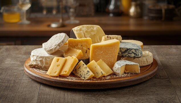 Variety of aged cheeses displayed on a rustic wooden board for sampling, highlighting cheese aging process