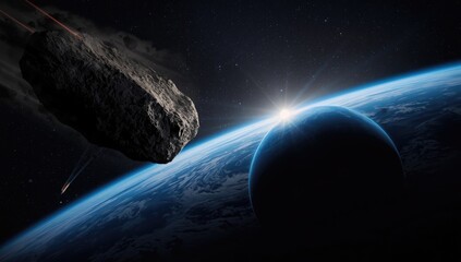 Close-up of asteroid fragments near Earth, space debris risk, Earth Day