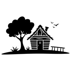 Wooden Hut and Tree Hand Drawn Silhouette Icon Vector

