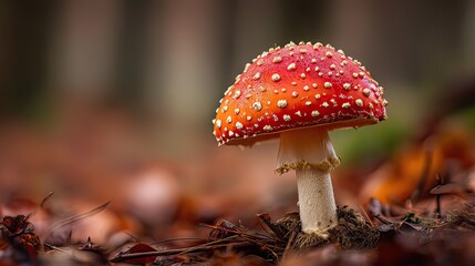 Close-up of a vibrant red and white spotted Amanita Muscaria mushroom in a forest floor setting