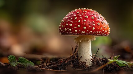 A vibrant red and white spotted mushroom emerges from the forest floor, showcasing nature's intricate beauty and delicate fungi life