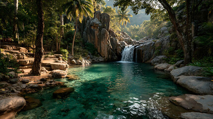 A scenic view of a waterfall cascading into a clear turquoise pool surrounded by lush greenery and rocks