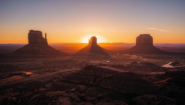 Sunset illuminates wind-shaped yardang landforms, highlighting natural erosion patterns