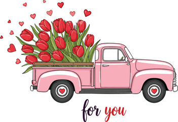 Romantic Vector Illustration of a Pink Vintage Pickup Truck Filled with Red Tulips, Floating Hearts, and Text