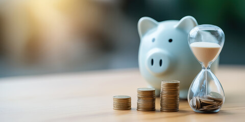 Piggy bank beside coins and hourglass symbolizes growing savings over time.