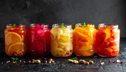Vibrant fruit infused drinks in mason jars with nuts and spices