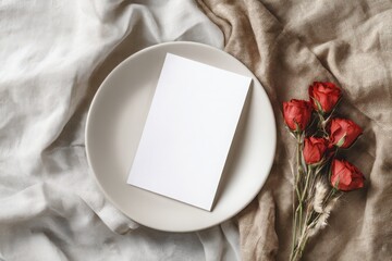 A blank card rests on a light plate, surrounded by red roses on a shimmering silver background.