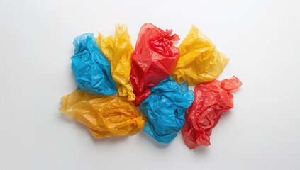 Fototapeta premium Brightly colored single-use plastic shopping bags stacked on a plain white surface, highlighting environmental impact discussions