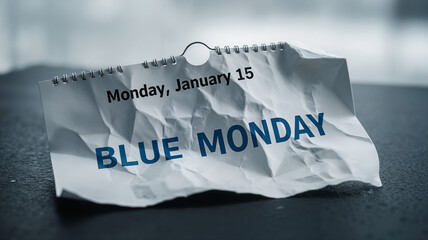 Crumpled calendar page with "Blue Monday" text, moody setting for awareness campaign