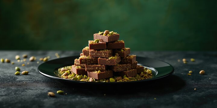 Chocolate slices garnished with pistachios and kunefe pieces served on a black plate, emphasizing dessert display