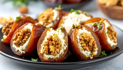 Delicious stuffed dates with cheese and walnuts on a plate