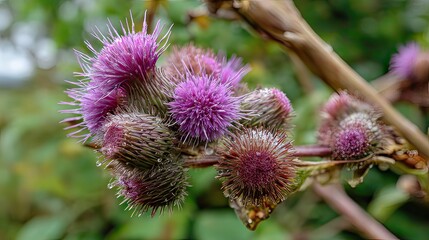 Vibrant purple burdock flowers adorned with delicate dew drops, showcasing nature's intricate beauty in a garden setting during spring or early summer