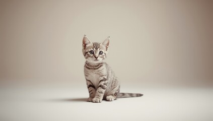 Grey domestic kitten posed quietly indoors, highlighting feline poise and pet comfort