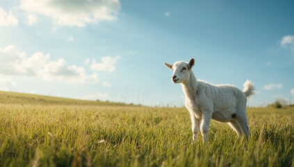 Fototapeta premium Goat feeding on grass in open field, highlighting livestock activity and natural environment