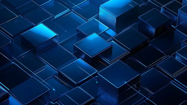 Abstract 3D blue glass blocks with metallic reflections, futuristic technology grid background for data and innovation.