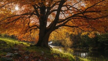 Obraz premium Fall woodland scene featuring massive rocks, trees, and leaf fall, highlighting seasonal transition