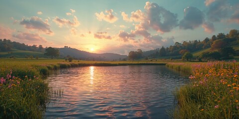 Lakeside village scene with a clear background and designated text area, ideal for layout purposes