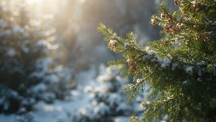 Snow-covered juniper foliage illuminated by sunlight, highlighting seasonal plant resilience
