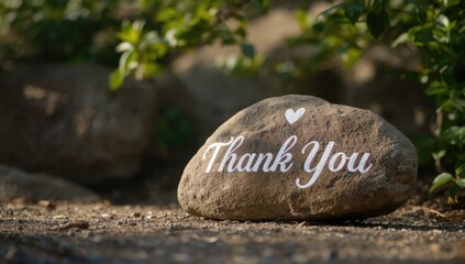 A stone with thank you painted on it, used as a decorative gesture in nature, environmental appreciation, Earth Day