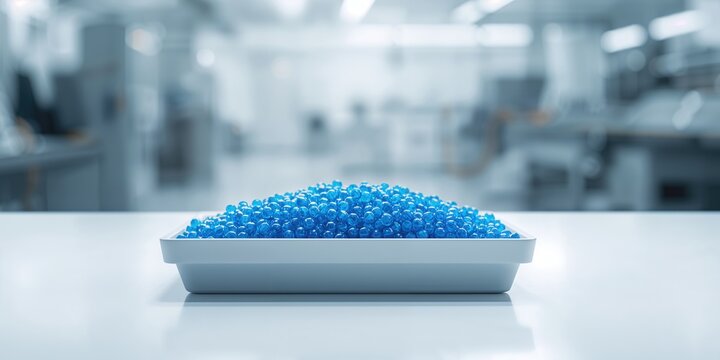 Raw blue PVC plastic beads arranged on a tray, manufacturing safety procedures