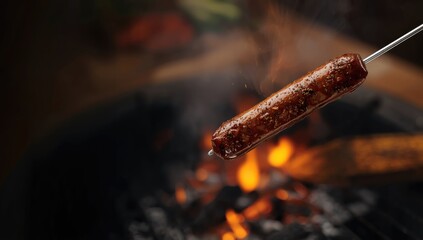Skewered grilled sausage ready for barbecue, focusing on preparation and grilling technique