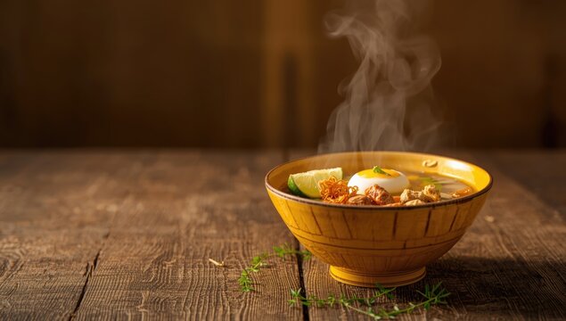 Indonesian chicken soto soup featuring clear turmeric-infused broth, boiled egg, and fresh herbs, highlighting culinary heritage