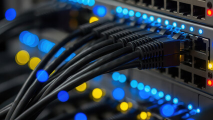 Fiber Optic Network: Close up of black ethernet cables plugged into a server rack with blue and yellow status lights for data center.