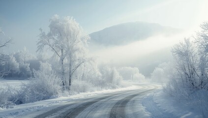 Frosty winter scene with fog and trees, highlighting seasonal transition