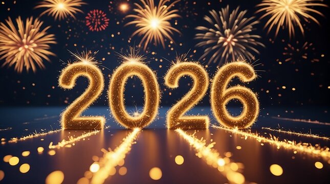 happy new year, new year's eve, silvester, new years eve, celebration greeting card, new year card - Year 2026 in sparkler font and firework - Powered by Adobe