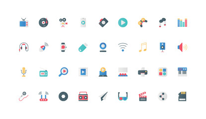 Multimedia devices for photo and video, audio content, cinema color icon set. Music digital equalizer and gamepad, microphone and headphones, webcam and TV, radio flat elements vector illustration