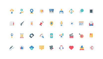 Photo and video project, audio content production color icon set. Digital product advertising and blog of influencer, online marketing and review in social media, flat elements vector illustration