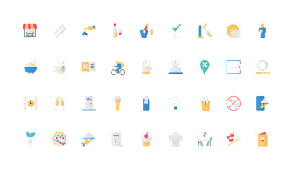 Restaurant food online order and delivery by courier color icon set. Dinner with pizza and meal on plate, waiter service and chefs dish review, coffee and beer flat elements vector illustration