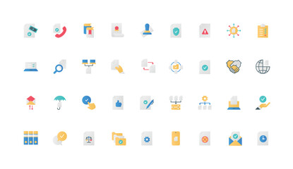 Document and agreement contract, letter and certified certificate with seal approval color icon set. Checklist report with check marks to confirm choice, quality flat elements vector illustration